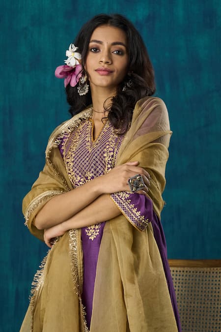 Mushio_Purple Chanderi, Cotton, Silk, Organza Shobhita Zari A-line Kurta And Pant Set _Online_at_Aza_Fashions