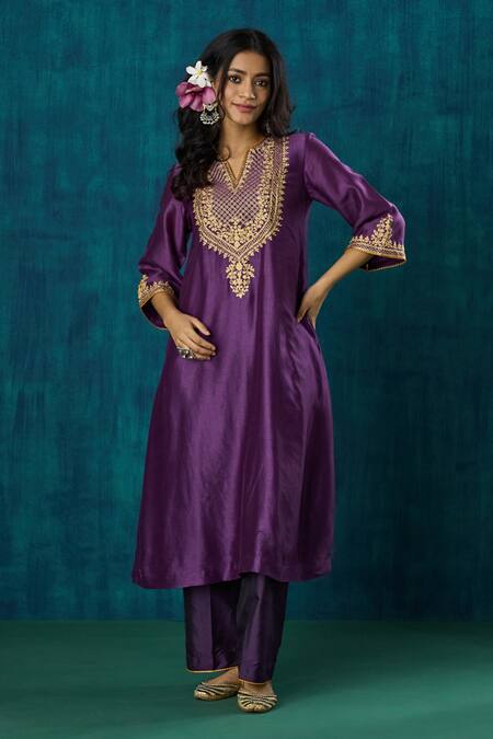 Buy_Mushio_Purple Chanderi, Cotton, Silk, Organza Shobhita Zari A-line Kurta And Pant Set _Online_at_Aza_Fashions
