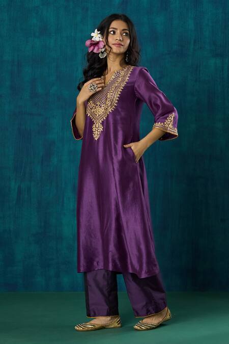 Shop_Mushio_Purple Chanderi, Cotton, Silk, Organza Shobhita Zari A-line Kurta And Pant Set _Online_at_Aza_Fashions