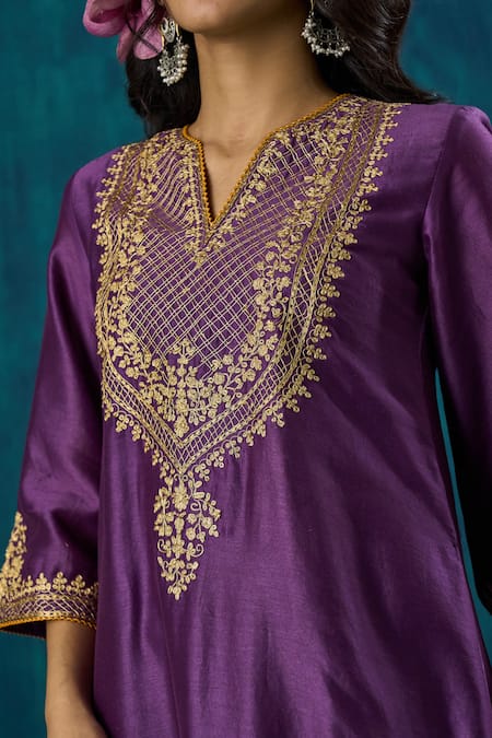 Buy_Mushio_Purple Chanderi, Cotton, Silk, Organza Shobhita Zari A-line Kurta And Pant Set 
