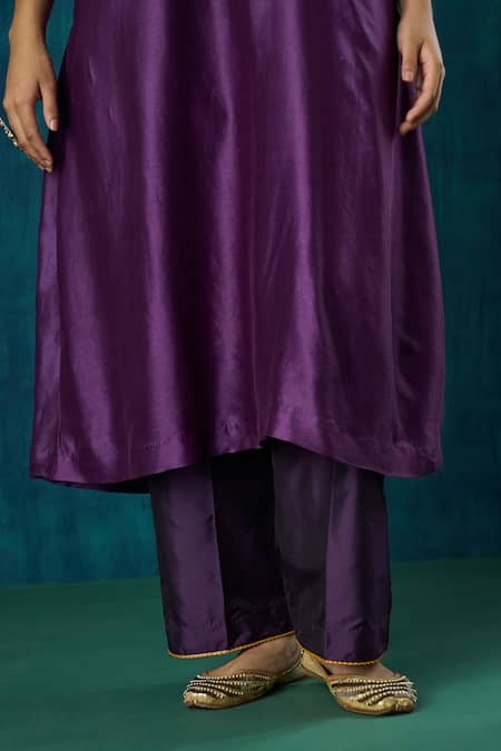 Shop_Mushio_Purple Chanderi, Cotton, Silk, Organza Shobhita Zari A-line Kurta And Pant Set 