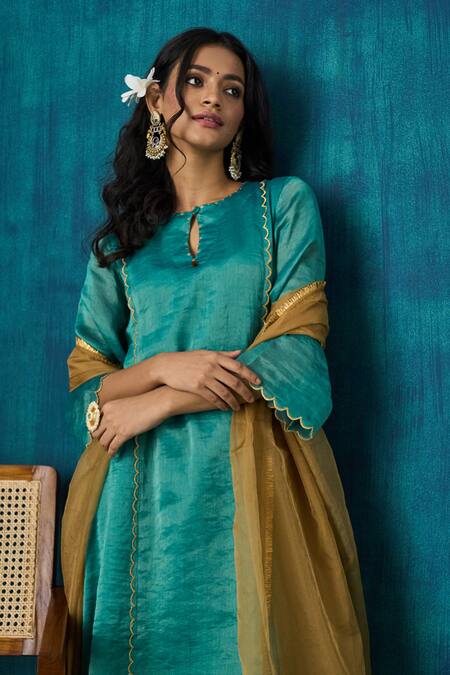 Mushio_Blue Chanderi, Cotton, Silk, Organza Advika Embroidered A-line Kurta And Pant Set _Online_at_Aza_Fashions