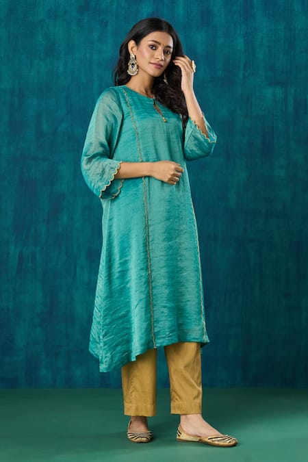 Shop_Mushio_Blue Chanderi, Cotton, Silk, Organza Advika Embroidered A-line Kurta And Pant Set _Online_at_Aza_Fashions
