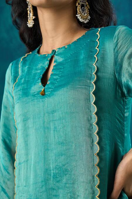 Mushio_Blue Chanderi, Cotton, Silk, Organza Advika Embroidered A-line Kurta And Pant Set _at_Aza_Fashions
