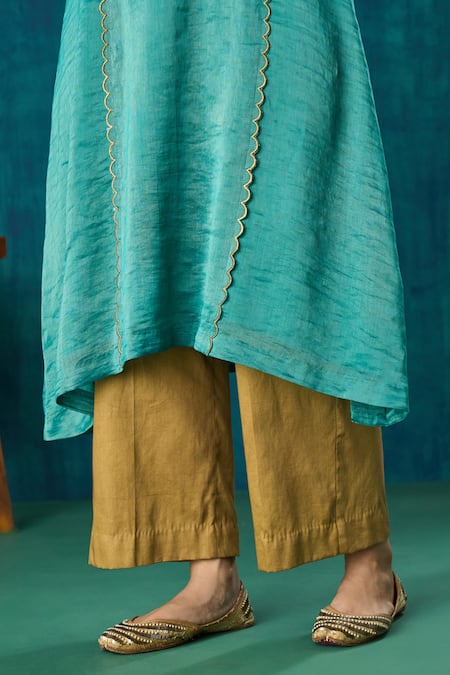 Shop_Mushio_Blue Chanderi, Cotton, Silk, Organza Advika Embroidered A-line Kurta And Pant Set 