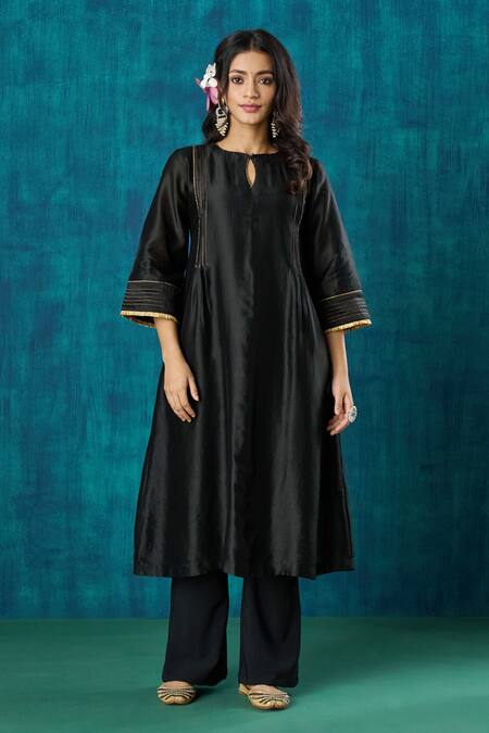 Buy_Mushio_Black Chanderi, Cotton, Krisha Pintuck Embroidered A-line Kurta And Pant Set _Online_at_Aza_Fashions