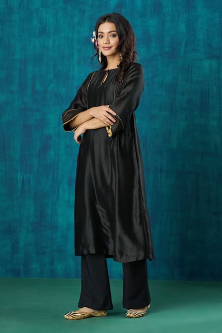 Shop_Mushio_Black Chanderi, Cotton, Krisha Pintuck Embroidered A-line Kurta And Pant Set _Online_at_Aza_Fashions
