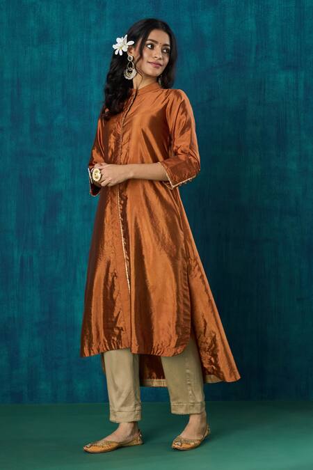 Buy_Mushio_Orange Silk, Cotton Lace Bandeau Sanika Embroidered High Low Kurta With Pant _Online_at_Aza_Fashions
