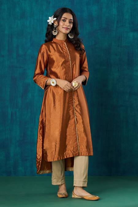 Shop_Mushio_Orange Silk, Cotton Lace Bandeau Sanika Embroidered High Low Kurta With Pant _Online_at_Aza_Fashions