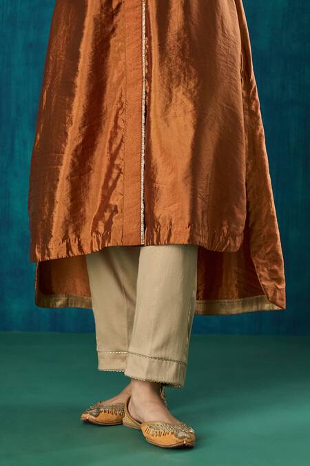 Mushio_Orange Silk, Cotton Lace Bandeau Sanika Embroidered High Low Kurta With Pant _at_Aza_Fashions