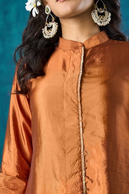 Buy_Mushio_Orange Silk, Cotton Lace Bandeau Sanika Embroidered High Low Kurta With Pant 