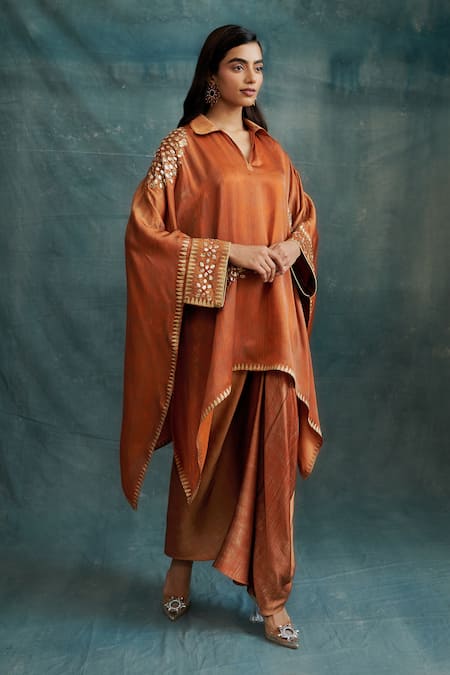 Krishna Mehta Orange Modal Embroidery Gota Collar Asymmetric Kaftan With Draped Skirt 