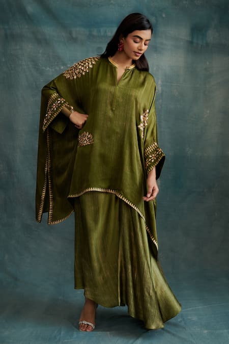 Krishna Mehta Green Modal Classic Asymmetric Draped Skirt Online at Aza Fashions Krishna Mehta_Green Modal Classic Asymmetric Draped Skirt _Online_at_Aza_Fashions