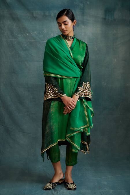 Buy_Krishna Mehta_Green Modal Gota Patti, Mirrors, Embroidery V-neck Asymmetric Tunic And Pant Set _Online_at_Aza_Fashions
