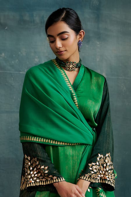 Shop_Krishna Mehta_Green Modal Gota Patti, Mirrors, Embroidery V-neck Asymmetric Tunic And Pant Set _Online_at_Aza_Fashions