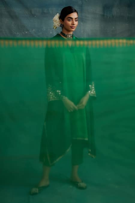Krishna Mehta_Green Modal Gota Patti, Mirrors, Embroidery V-neck Asymmetric Tunic And Pant Set _at_Aza_Fashions