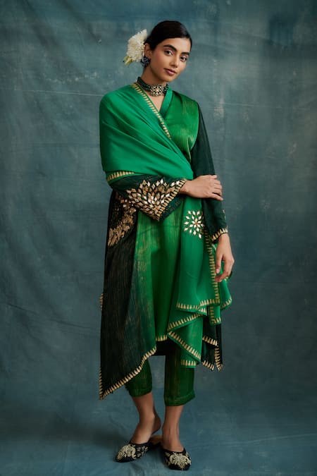 Shop Krishna Mehta Green Modal Embroidery Gota Mirror Classic Dupatta at Aza Fashions Shop_Krishna Mehta_Green Modal Embroidery Gota Mirror Classic Dupatta _at_Aza_Fashions