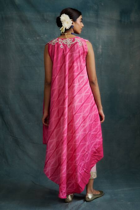 Shop_Krishna Mehta_Pink Tussar Embroidery Lace Narrow Pant _at_Aza_Fashions