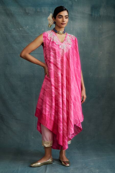Krishna Mehta_Pink Tussar Embroidery Lace Narrow Pant _Online_at_Aza_Fashions