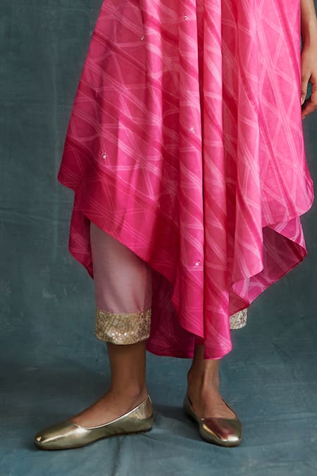 Krishna Mehta_Pink Tussar Beads, Tie Dye Embroidered Asymmetric Flared Tunic With Pant _Online_at_Aza_Fashions