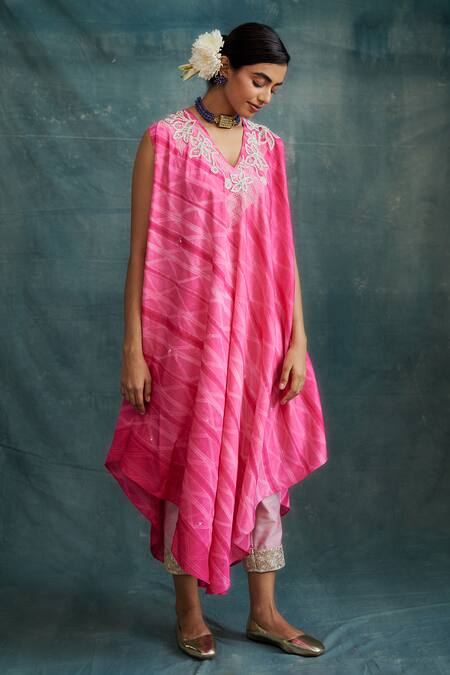Buy_Krishna Mehta_Pink Tussar Beads, Tie Dye Embroidered Asymmetric Flared Tunic With Pant _Online_at_Aza_Fashions