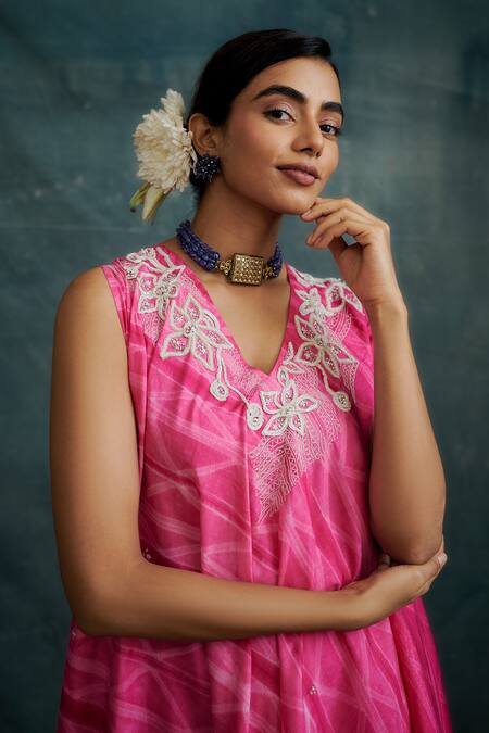 Shop_Krishna Mehta_Pink Tussar Beads, Tie Dye Embroidered Asymmetric Flared Tunic With Pant _Online_at_Aza_Fashions