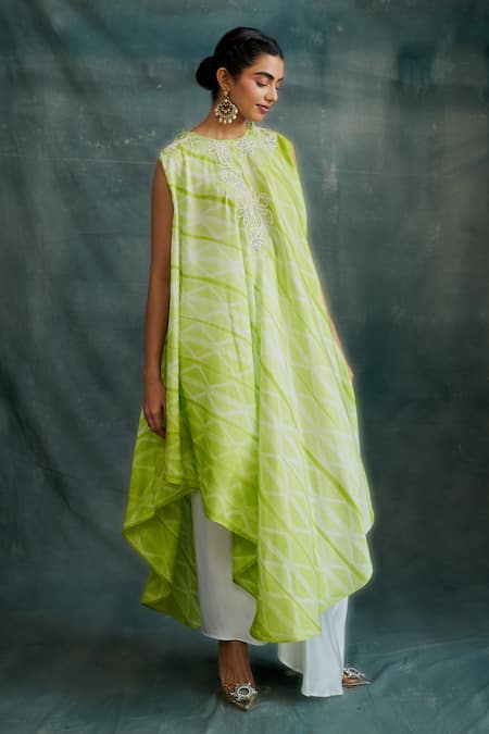 Buy_Krishna Mehta_Green Tussar Embroidery Beads Round Tie Dye Asymmetric Tunic _Online_at_Aza_Fashions