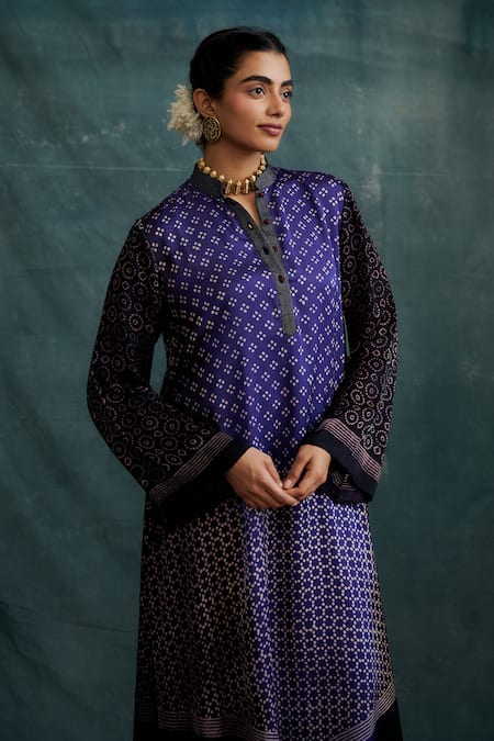 Krishna Mehta Purple Modal Embroidery Bandeau Neck Block Print Asymmetric Tunic Online at Aza Fashions Krishna Mehta_Purple Modal Embroidery Bandeau Neck Block Print Asymmetric Tunic _Online_at_Aza_Fashions