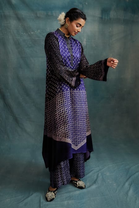 Buy Krishna Mehta Purple Modal Embroidery Bandeau Neck Block Print Asymmetric Tunic Online at Aza Fashions Buy_Krishna Mehta_Purple Modal Embroidery Bandeau Neck Block Print Asymmetric Tunic _Online_at_Aza_Fashions