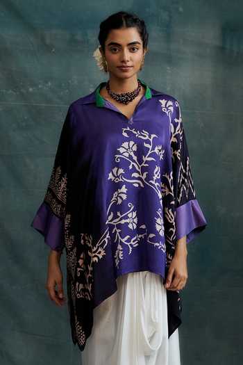 Krishna Mehta_Purple Modal Hand Painted Floral Collared Shaded Kaftan Tunic _Online_at_Aza_Fashions