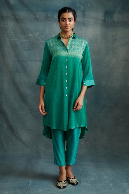 Krishna Mehta Block Print Asymmetric Shirt Kurta With Pant 