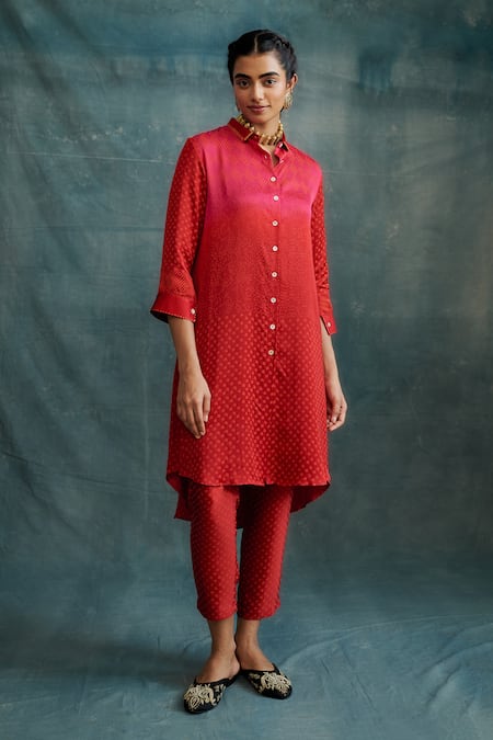 Krishna Mehta Block Print Asymmetric Shaded Shirt Kurta With Pant 