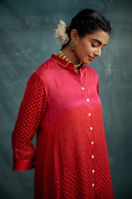 Buy_Krishna Mehta_Red Modal Block Printed Abstract Asymmetric Shaded Shirt Kurta With Pant _Online_at_Aza_Fashions