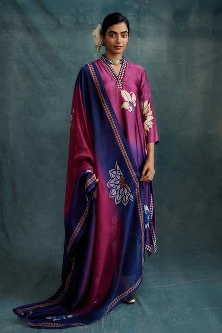 Krishna Mehta Floral Hand Painted Ombre Kurta Pant Set 