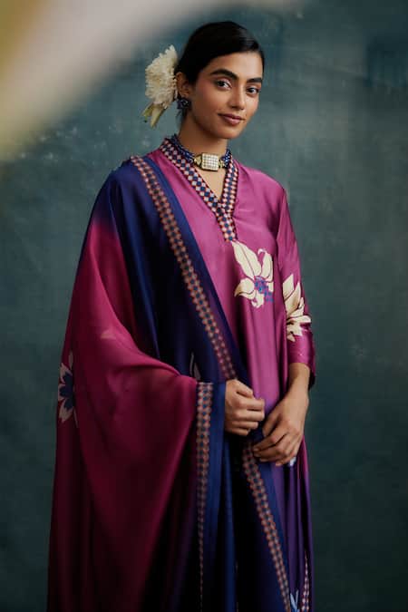 Krishna Mehta Purple Modal Embroidery V-neck Floral Hand Painted Ombre Kurta Pant Set Online at Aza Fashions Krishna Mehta_Purple Modal Embroidery V-neck Floral Hand Painted Ombre Kurta Pant Set _Online_at_Aza_Fashions