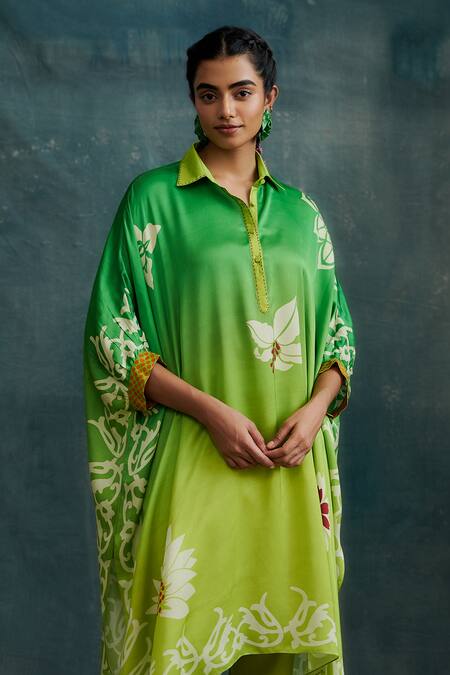 Krishna Mehta_Green Modal Embroidery Collared Floral Hand Painted Ombre Shirt Tunic _Online_at_Aza_Fashions