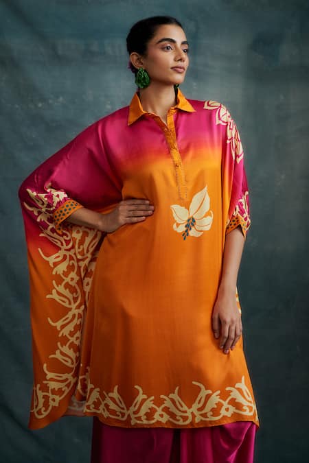 Krishna Mehta_Fuchsia Modal Hand Painted Floral Collared Block Print Ombre Shirt Tunic _Online_at_Aza_Fashions