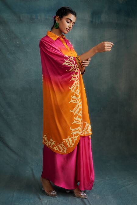 Buy_Krishna Mehta_Fuchsia Modal Hand Painted Floral Collared Block Print Ombre Shirt Tunic _Online_at_Aza_Fashions