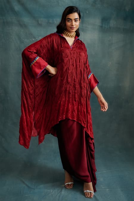 Krishna Mehta Red Modal Embroidered Knotted Bandhej Collared Kaftan Tunic 