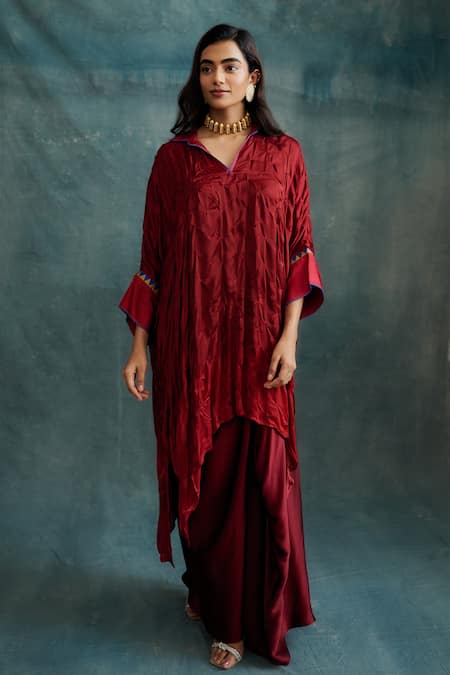 Krishna Mehta_Red Modal Embroidered Knotted Bandhej Collared Kaftan Tunic _Online_at_Aza_Fashions