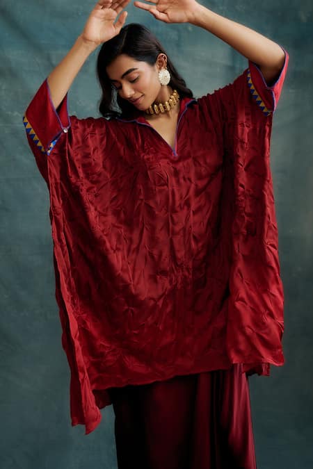 Buy_Krishna Mehta_Red Modal Embroidered Knotted Bandhej Collared Kaftan Tunic _Online_at_Aza_Fashions