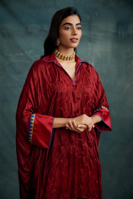 Shop_Krishna Mehta_Red Modal Embroidered Knotted Bandhej Collared Kaftan Tunic _Online_at_Aza_Fashions