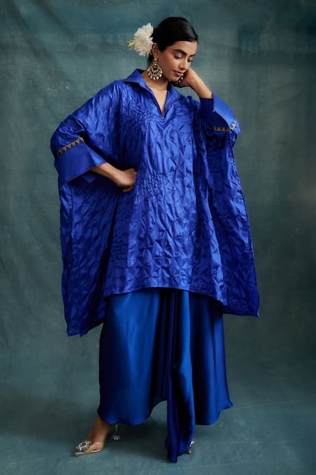 Krishna Mehta Blue Modal Embroidered Knotted Bandhej Collared Kaftan Tunic 