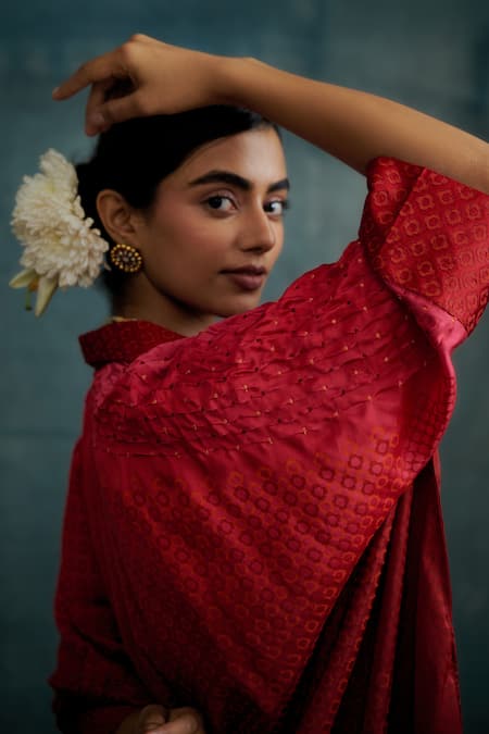 Buy Krishna Mehta Red Modal Block Printed Knotted Bandhej Collared Bandhani Kaftan Online at Aza Fashions Buy_Krishna Mehta_Red Modal Block Printed Knotted Bandhej Collared Bandhani Kaftan _Online_at_Aza_Fashions