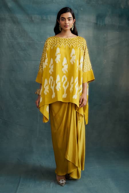 Krishna Mehta Ikat Block Printed Kaftan With Draped Skirt 