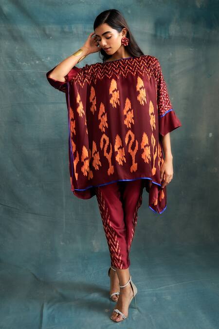 Krishna Mehta_Maroon Modal Printed Baatik Round Kaftan And Pant Set _Online_at_Aza_Fashions