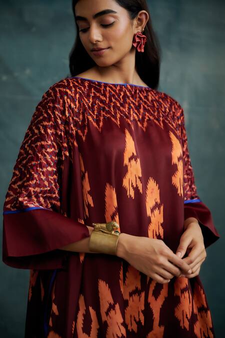Buy_Krishna Mehta_Maroon Modal Printed Baatik Round Kaftan And Pant Set _Online_at_Aza_Fashions