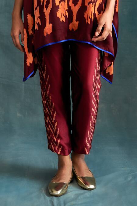 Shop_Krishna Mehta_Maroon Modal Printed Baatik Round Kaftan And Pant Set _Online_at_Aza_Fashions
