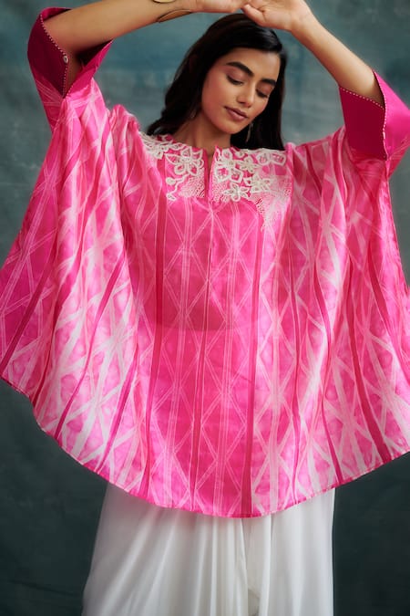 Krishna Mehta Pink Tussar Beads Collared Tie-dye Pattern Kaftan 