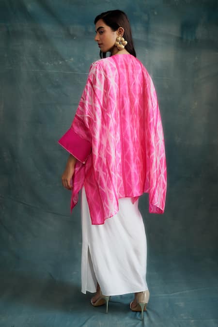 Shop_Krishna Mehta_Pink Tussar Beads Collared Tie-dye Pattern Kaftan _at_Aza_Fashions